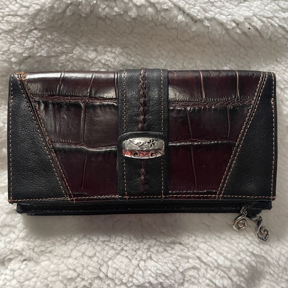 Brighton Black Brown Leather Croc Embossed Wallet Clutch‎ Multi-Compartment VTG
